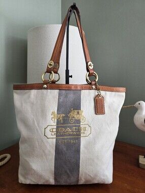 Coach 11535 Legacy Stripe Tote Cream Canvas Cognac Leather Shoulder Bag Y2K